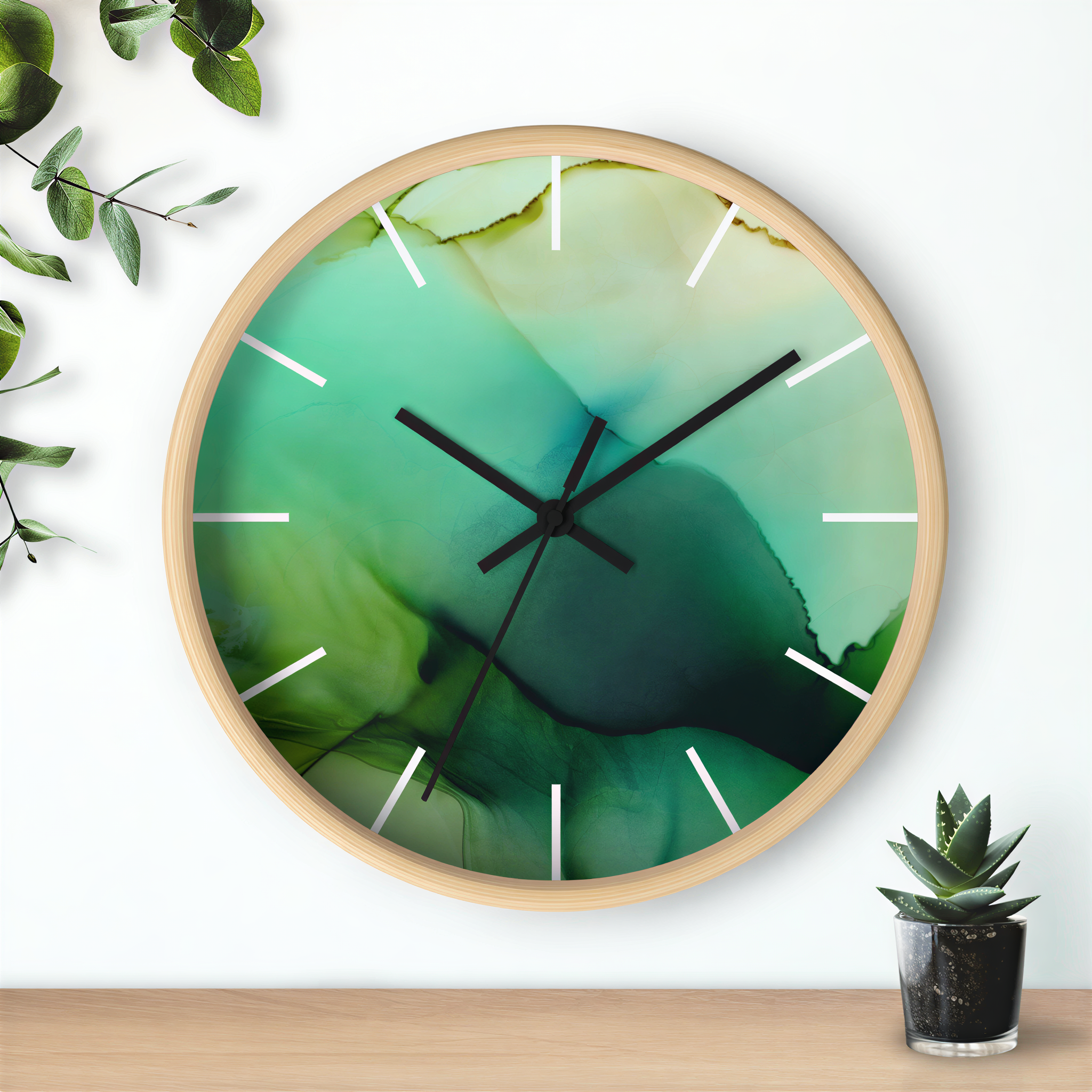 Wood Wall Clock Green Ombre against a white wall