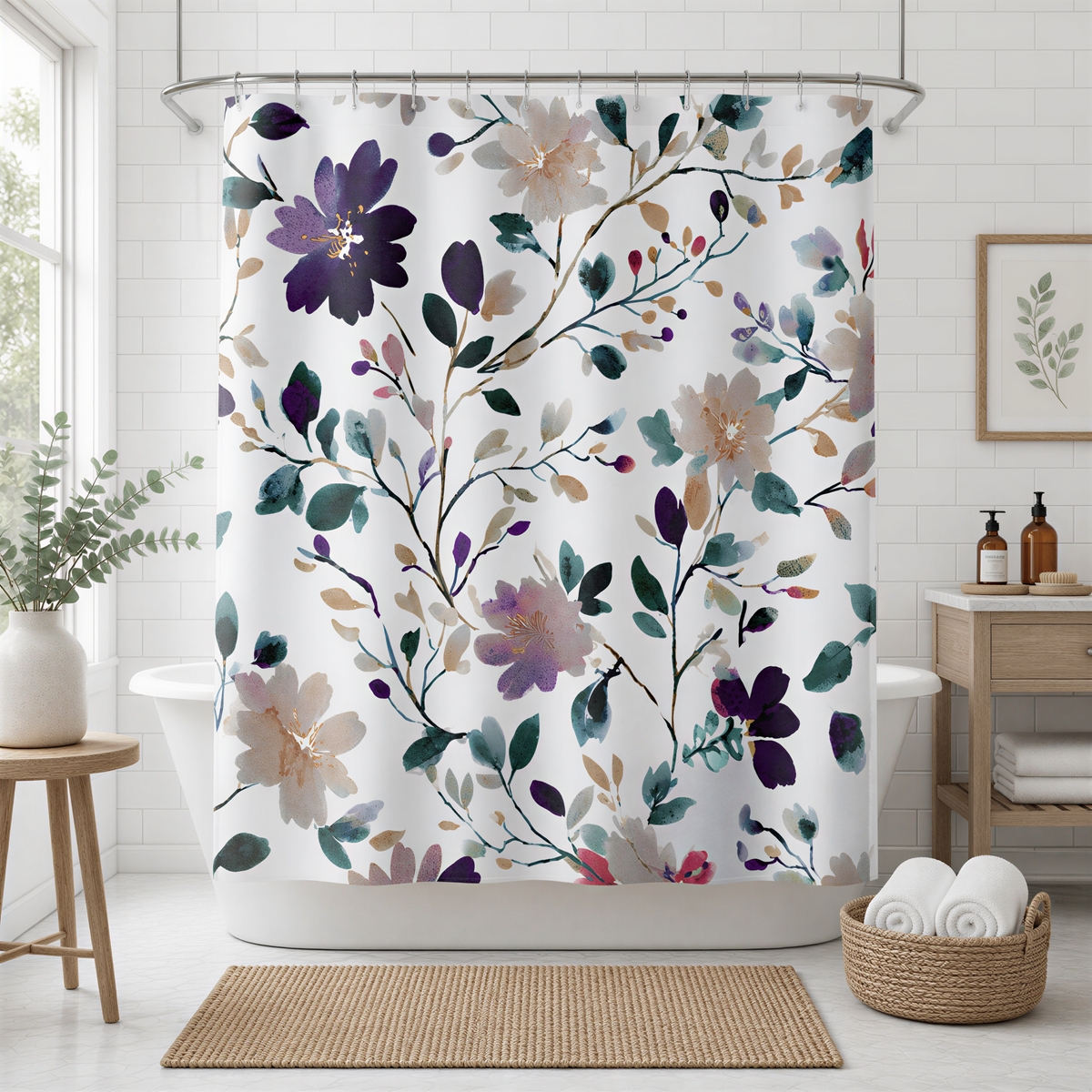 a bathroom with a shower curtain adorned with a floral pattern in shades of purple, green, and white. The shower curtain is hanging from a rod, and there is a basket of towels placed nearby. The bathroom also includes a wooden stool and a small plant, adding to the overall aesthetic of the space.