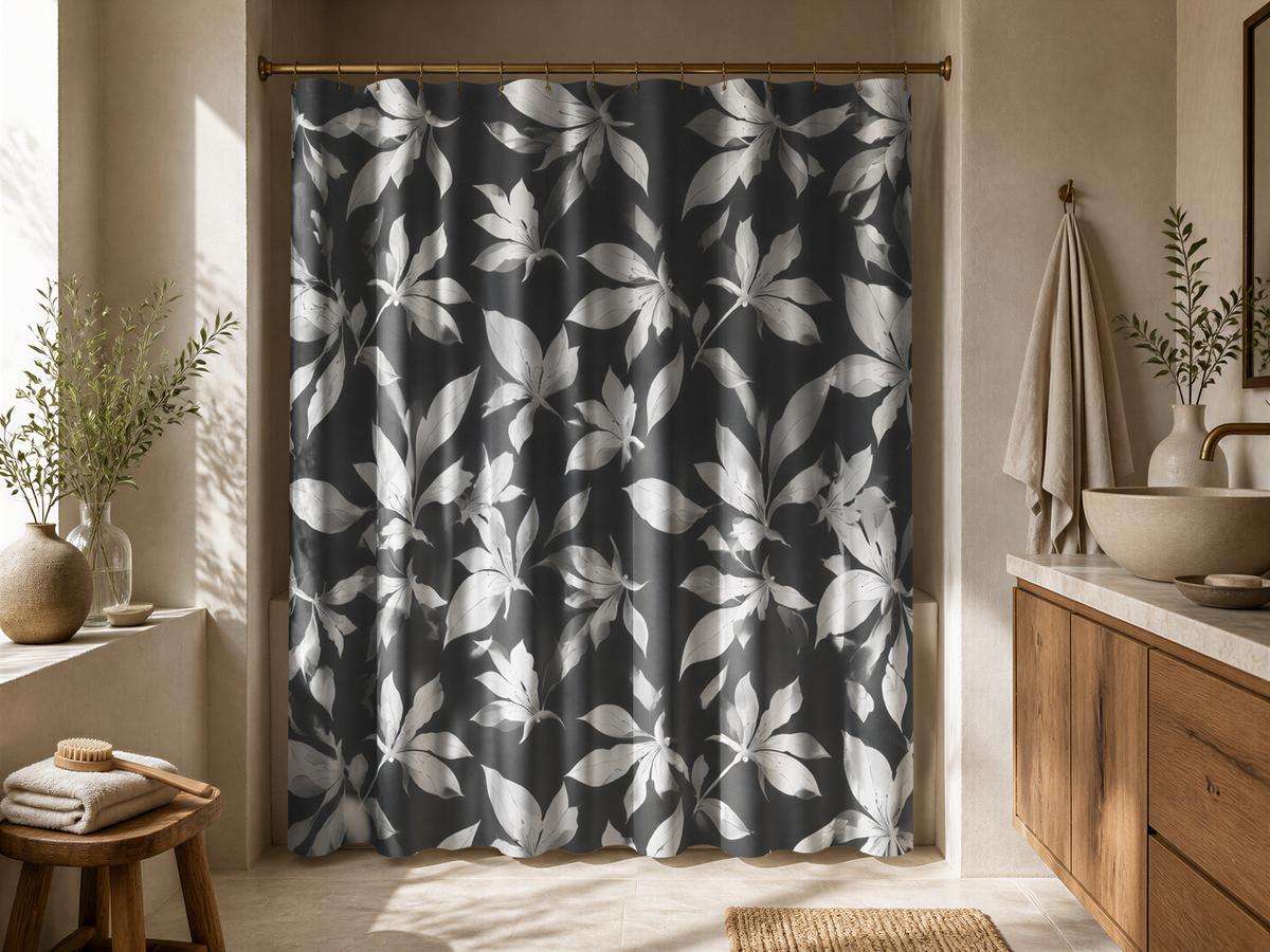 a bathroom with a shower curtain featuring a black and white leaf pattern. The shower curtain is hanging in the bathroom, which has a wooden vanity and a sink. There are also some plants and decorative items in the room, such as a vase and a towel.