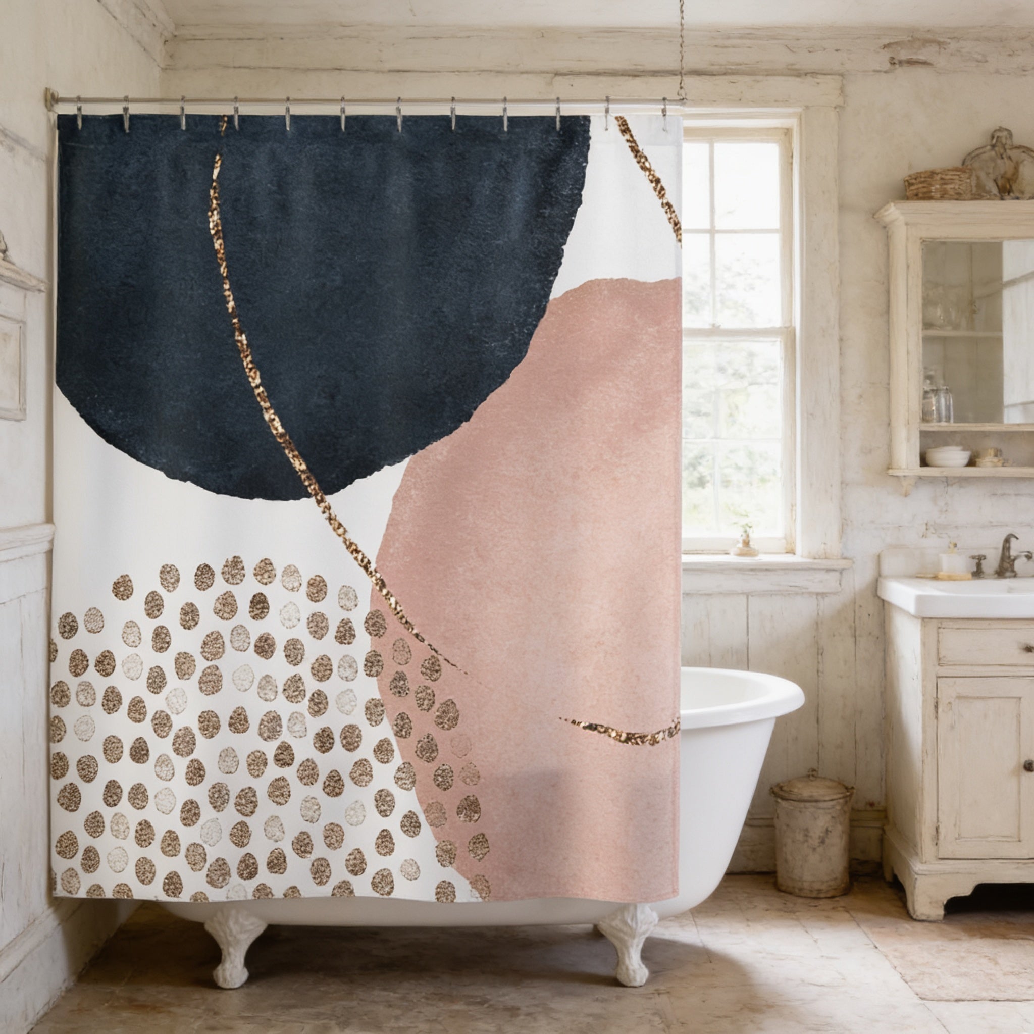 a bathroom with a white bathtub, a sink, and a shower curtain with a bold abstract design in shades of blue, pink, and white.