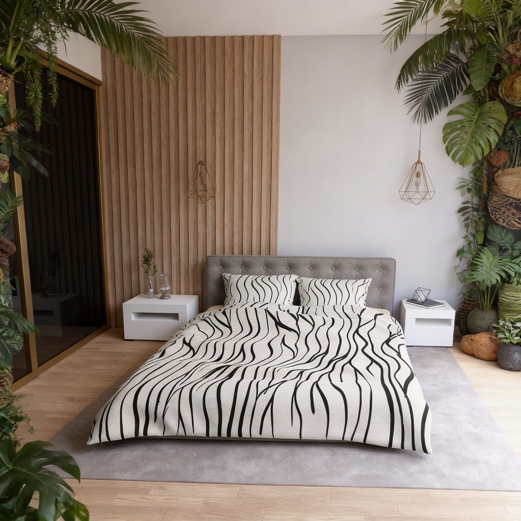 a modern bedroom with a large bed, a gray headboard, and a black and white zebra-patterned comforter. The room is decorated with various plants and has a minimalist, contemporary design.