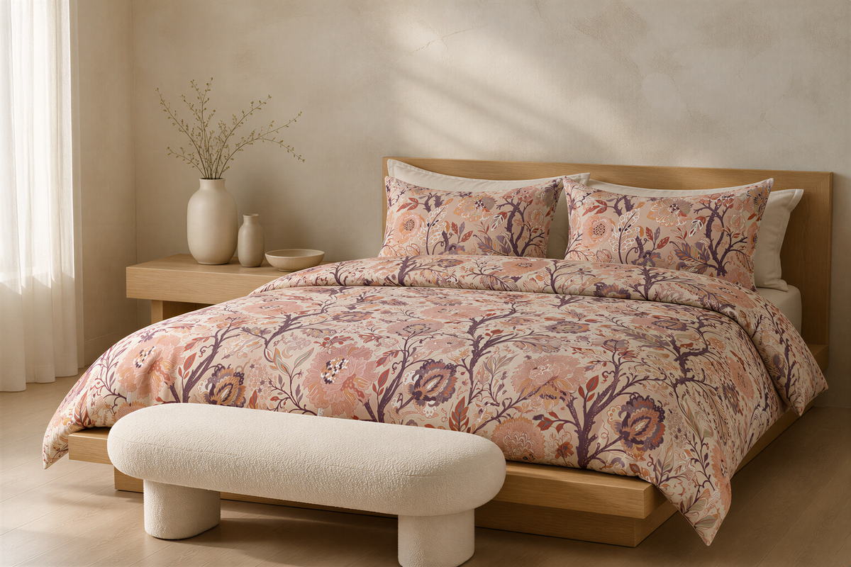 a serene and cozy bedroom with a large bed adorned with a floral print comforter and pillows. The bed is positioned against a wall, and a wooden headboard complements the overall design. A white bench is placed in front of the bed, and a vase with branches adds a touch of nature to the room. The room has a neutral color palette, creating a calm and inviting atmosphere.