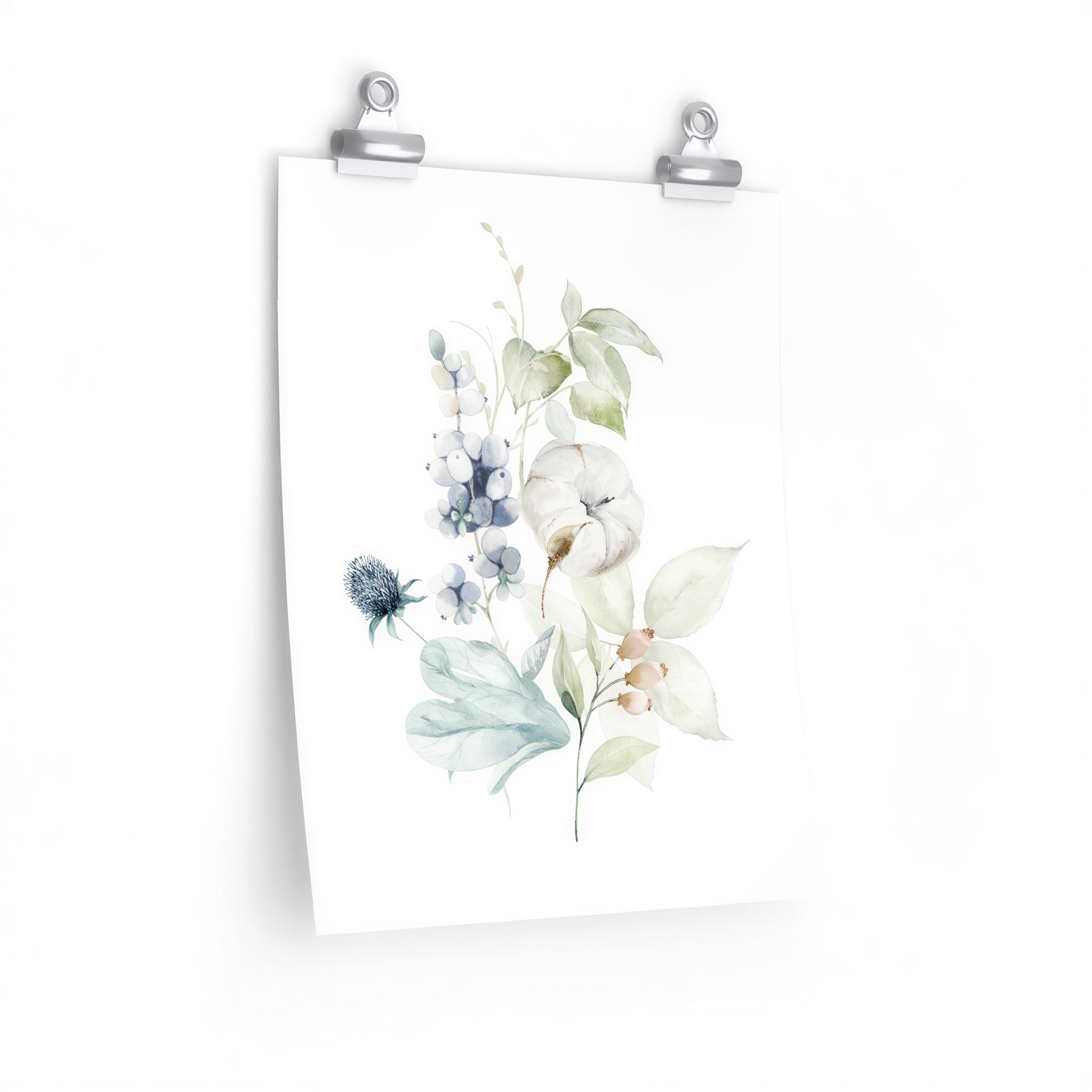 Eucalyptus Floral Art Print Green Blue White framed on a wall