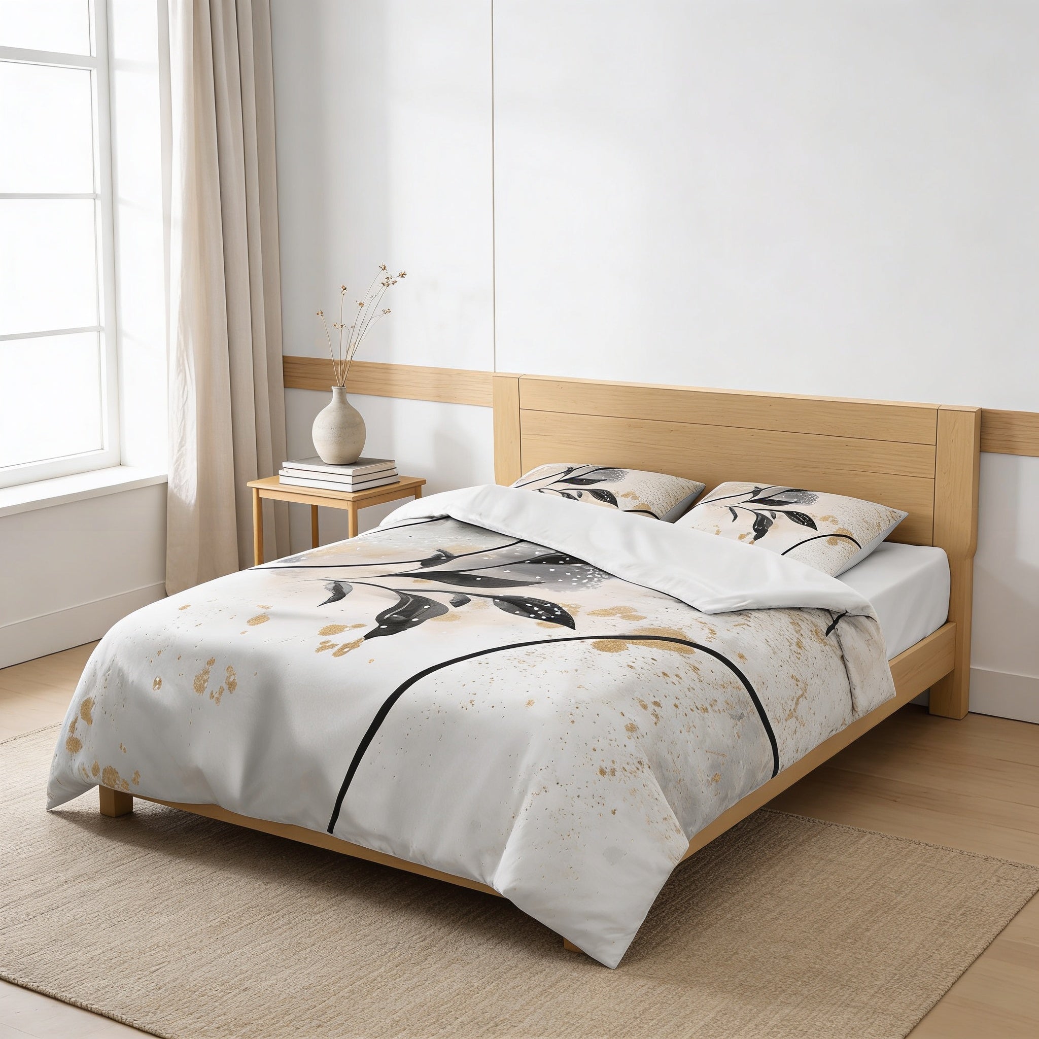 a modern bedroom with a bed featuring a white and gold patterned comforter and matching pillows. The bed is positioned against a white wall, and there is a small side table with a vase of flowers on it. The room has a minimalist and clean design, with a beige rug on the floor.