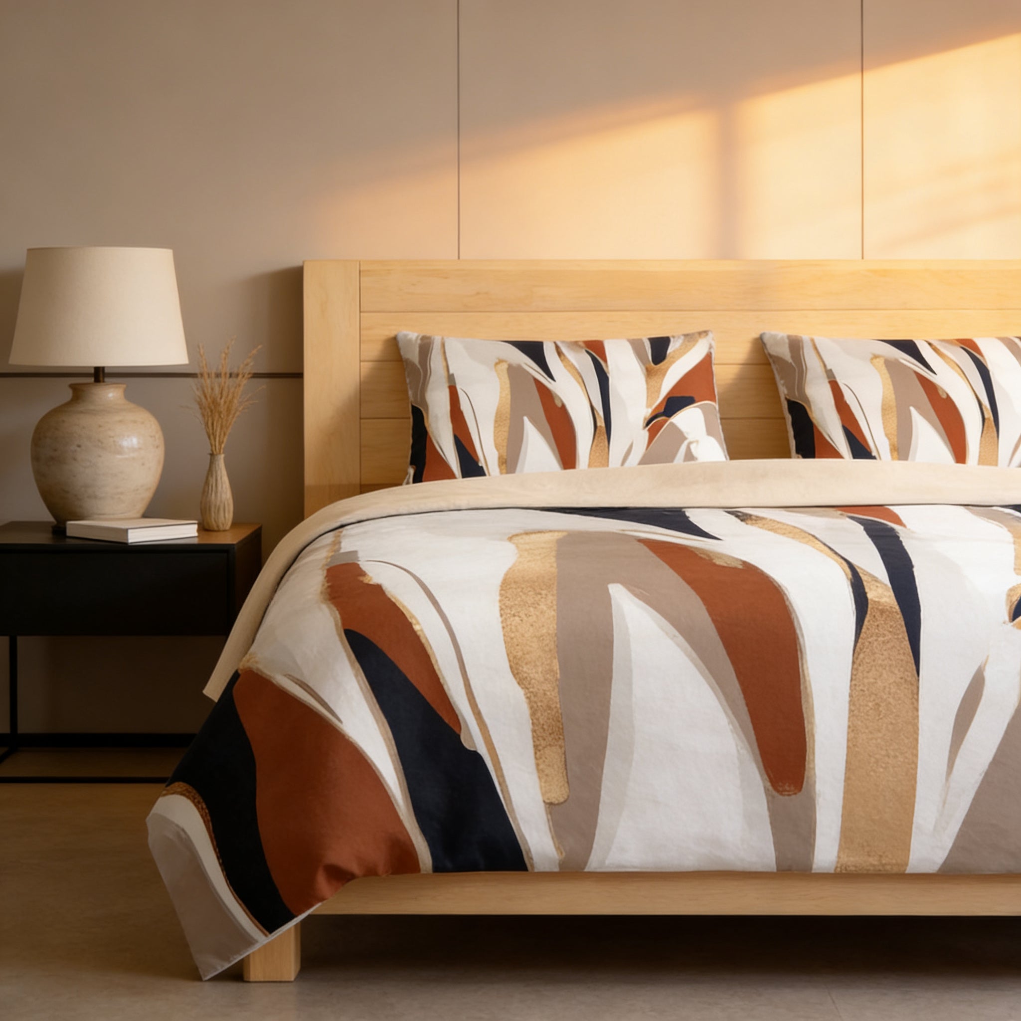 a modern bedroom with a large bed, a wooden headboard, and a patterned comforter. The bed is positioned against a wall with a wooden headboard, and there is a lamp on a side table next to the bed.