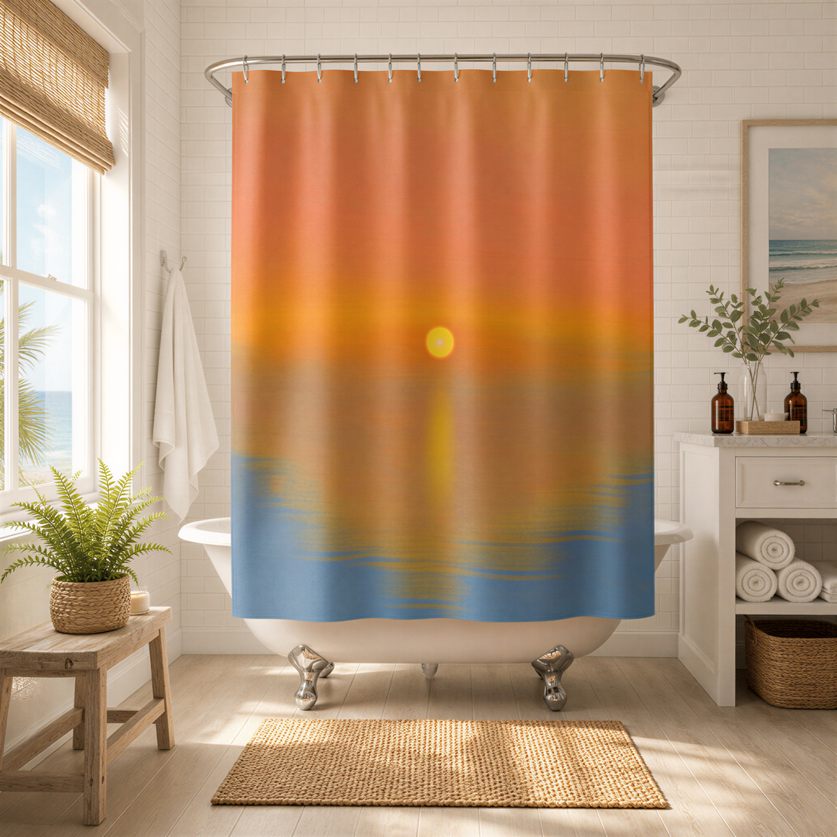 a bathroom with a large, colorful shower curtain featuring a sunset design. The curtain is hanging from a rod above a white bathtub, which is situated in a room with a window and a plant. The overall scene has a warm and inviting atmosphere.