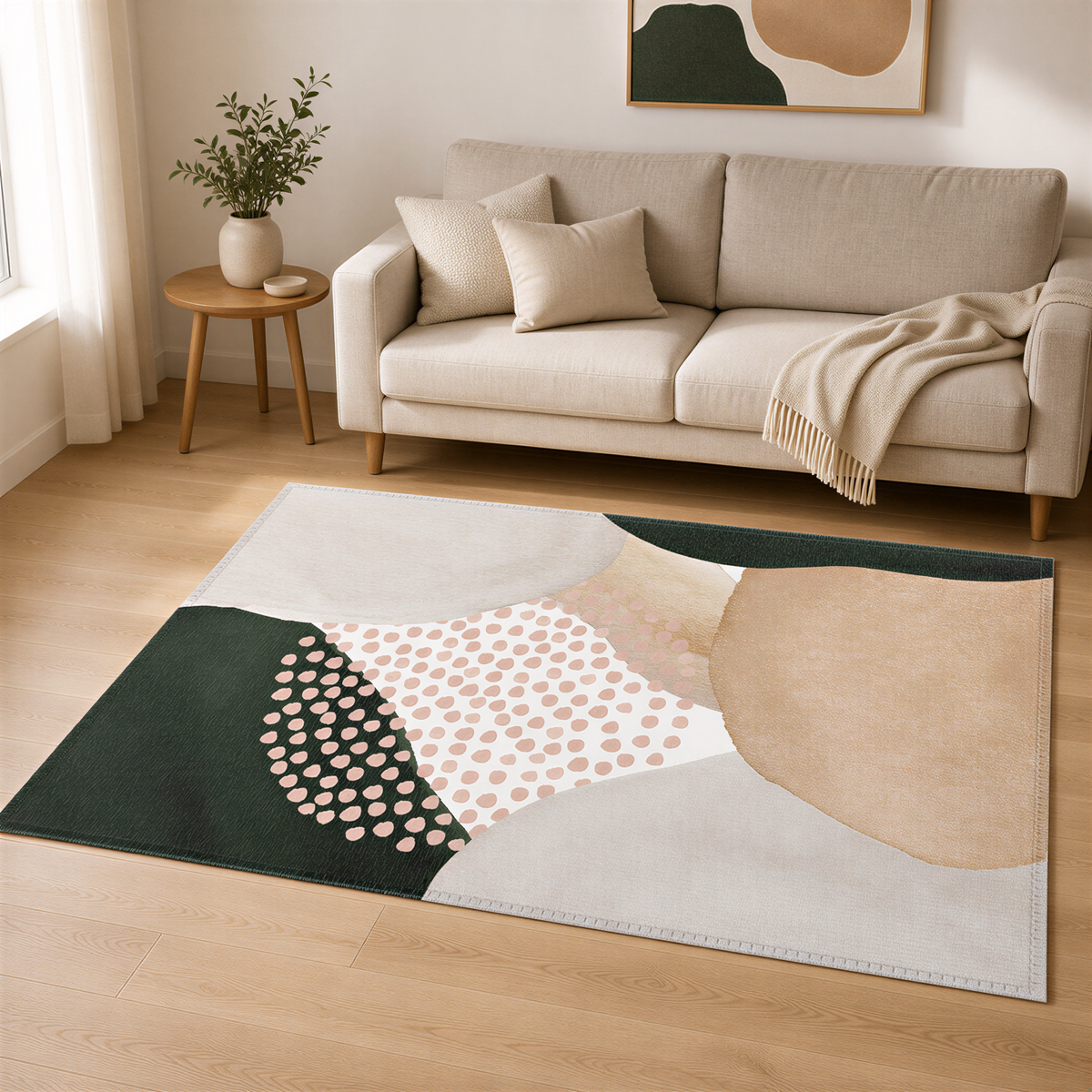a living room with a beige sofa, a rug with a geometric pattern, and a small side table with a plant.
