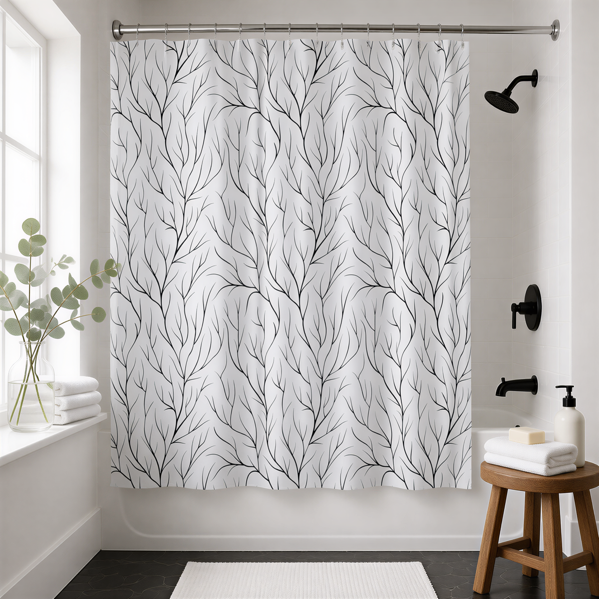 a bathroom with a shower curtain featuring a black and white tree pattern, a wooden stool, and a vase of greenery.