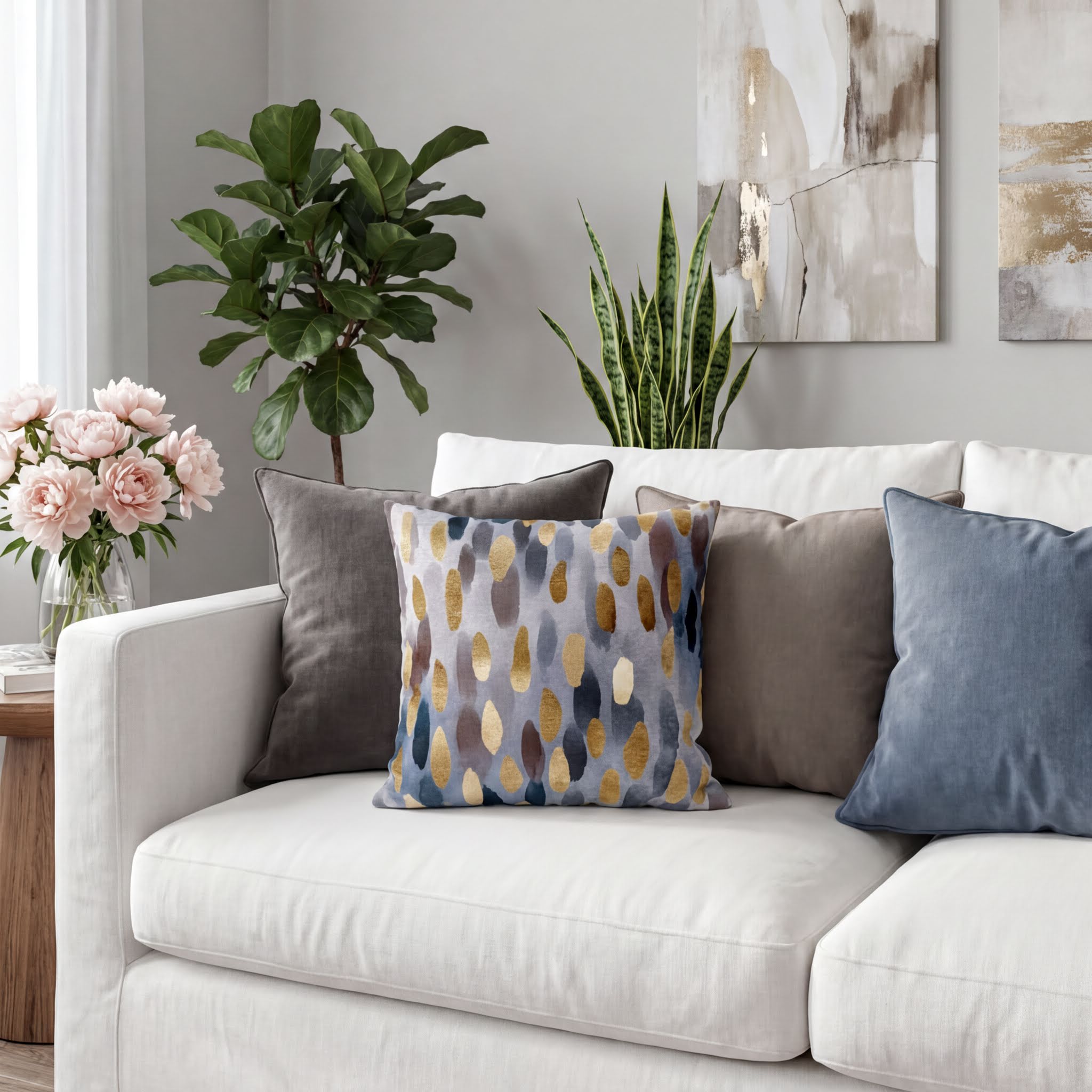 a cozy living room with a white sofa adorned with colorful throw pillows. The room is decorated with various plants, including a large fern and a snake plant, adding a touch of nature to the space. A vase of pink flowers is also present, further enhancing the room's welcoming atmosphere. The overall scene conveys a sense of comfort and relaxation, with the white sofa and colorful pillows creating a visually appealing contrast.