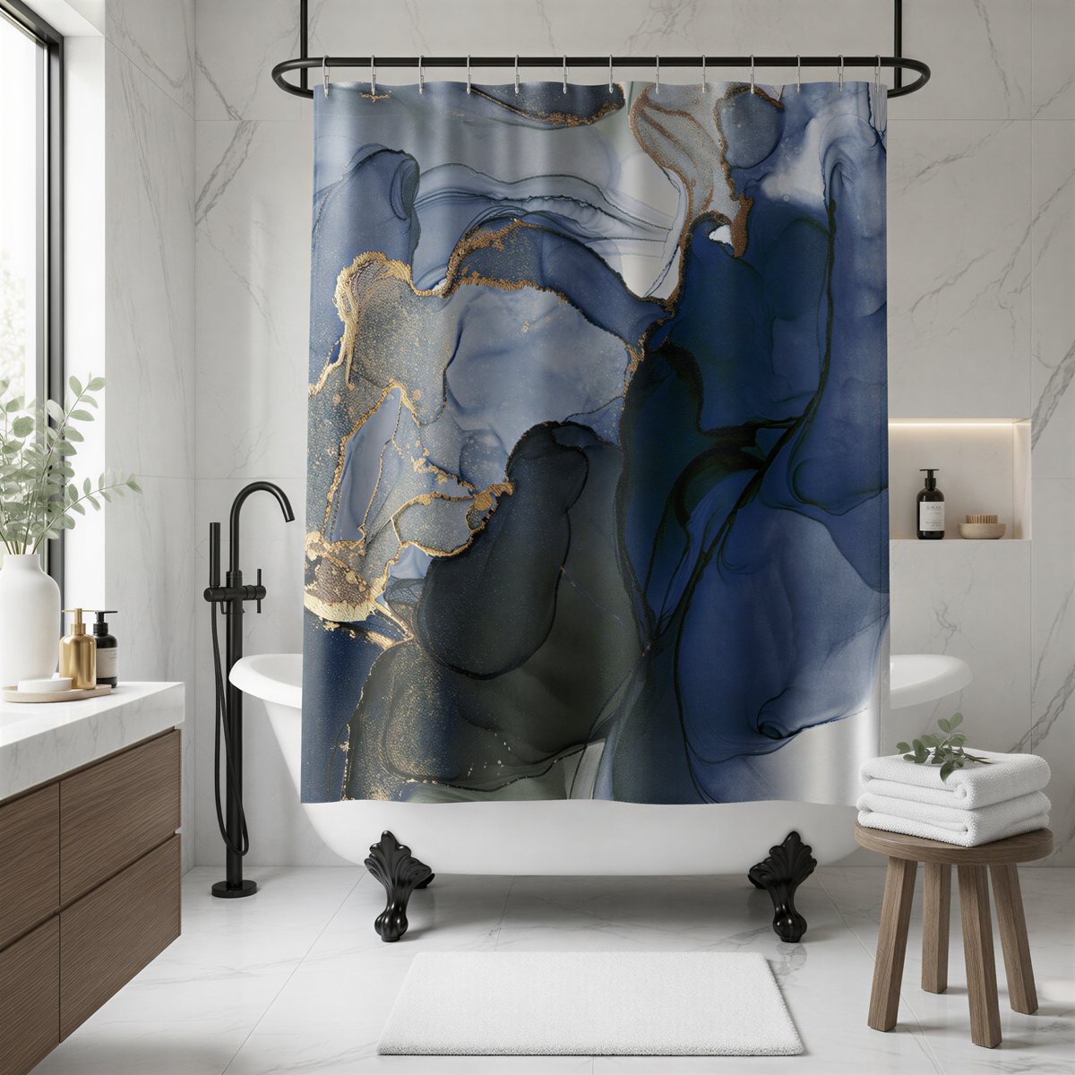 a modern bathroom with a white bathtub, a marble wall, and a large abstract shower curtain with blue and gold swirls.