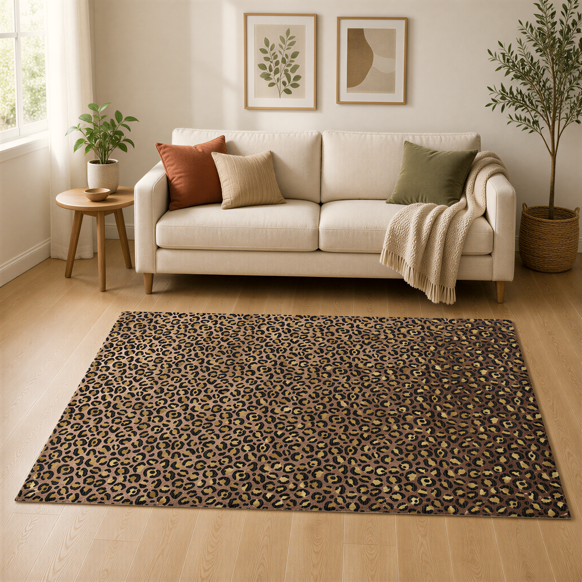a cozy living room with a white sofa, a leopard print rug, and two framed plant prints on the wall.