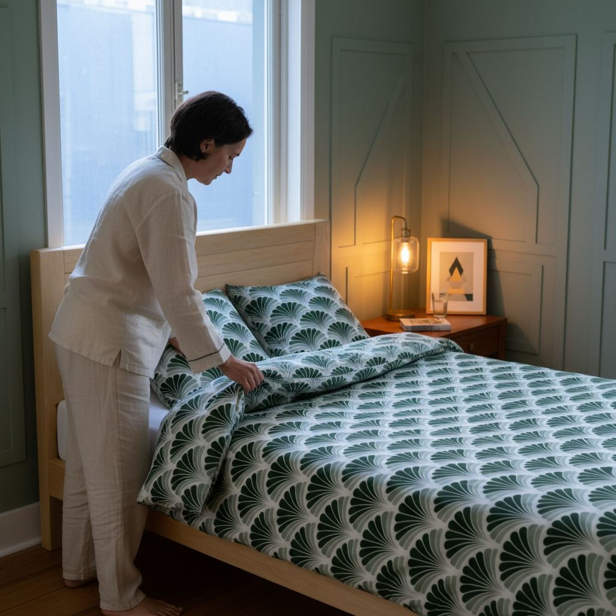 A woman in a white outfit is arranging a bed with a patterned green and white comforter and pillows.