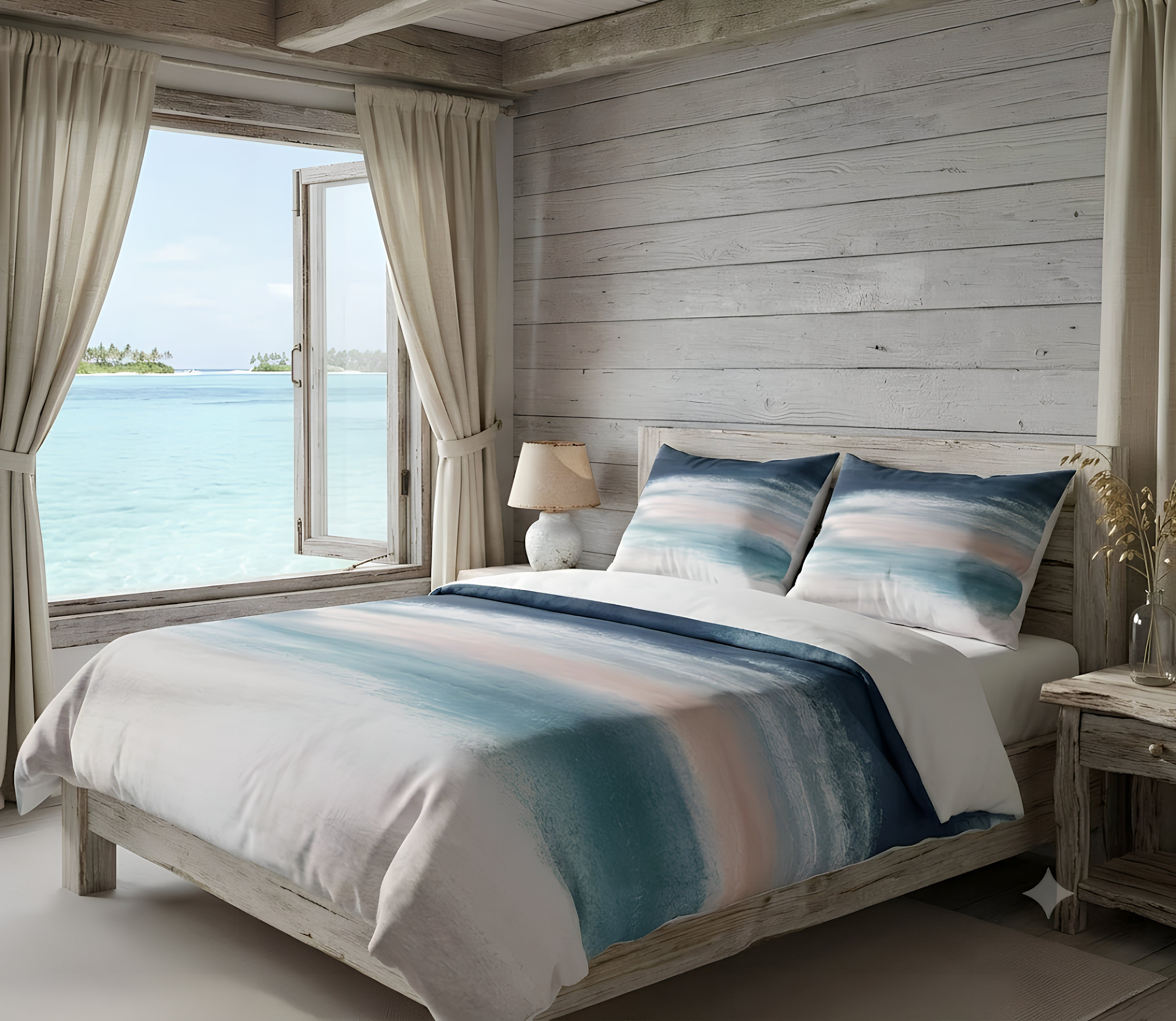 a serene bedroom with a large window overlooking a picturesque ocean view. The room features a wooden bed frame, a white and blue striped comforter, and a wooden nightstand with a lamp. The overall color scheme and design create a calming and relaxing atmosphere.