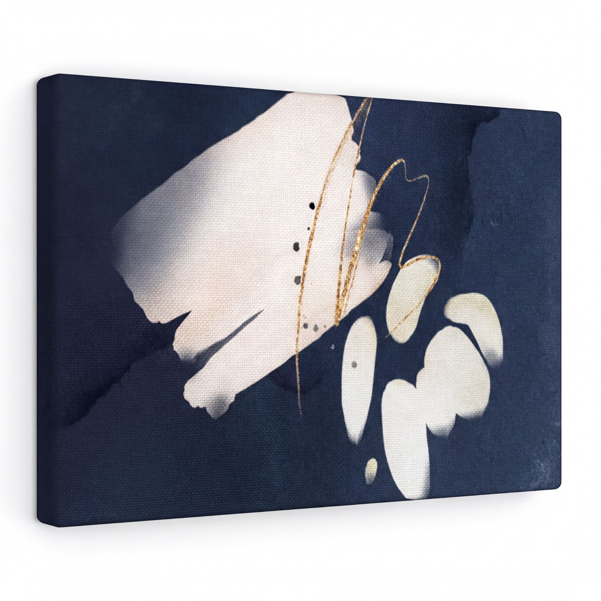 Navy blue, cream and white abstract canvas art, detail of the design