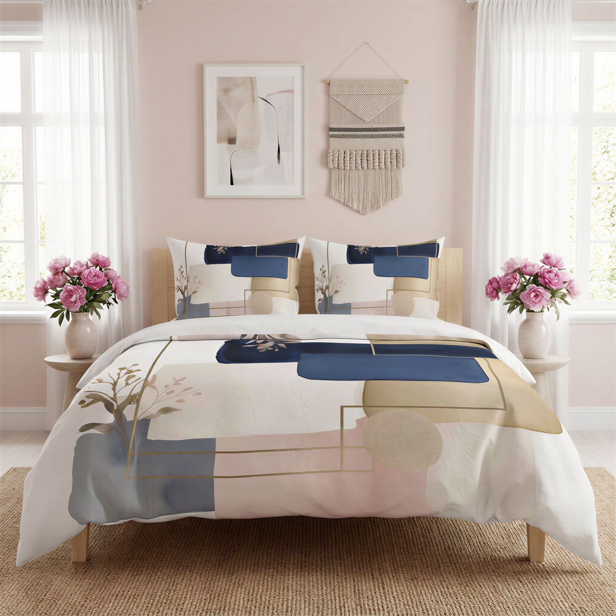 a bedroom with a large bed, a white headboard, and two white nightstands with pink flowers. The walls are painted in a light pink color, and there is a framed abstract art piece hanging above the bed.