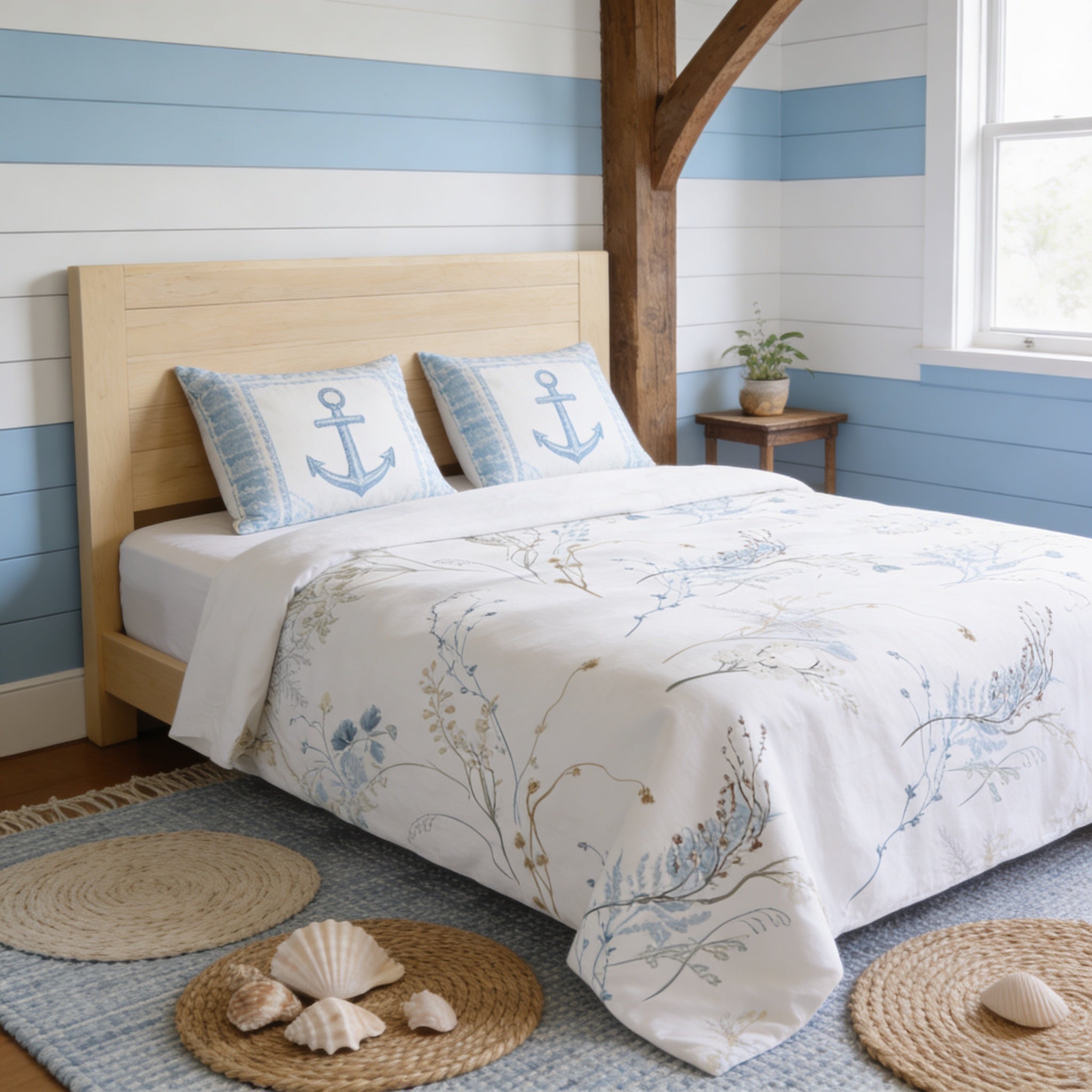 a cozy bedroom with a bed, a wooden headboard, and a blue and white color scheme. The bed is adorned with a white comforter and two blue and white pillows, and there are two woven baskets on the floor. The room also features a window, a nightstand, and a potted plant, creating a serene and inviting atmosphere.
