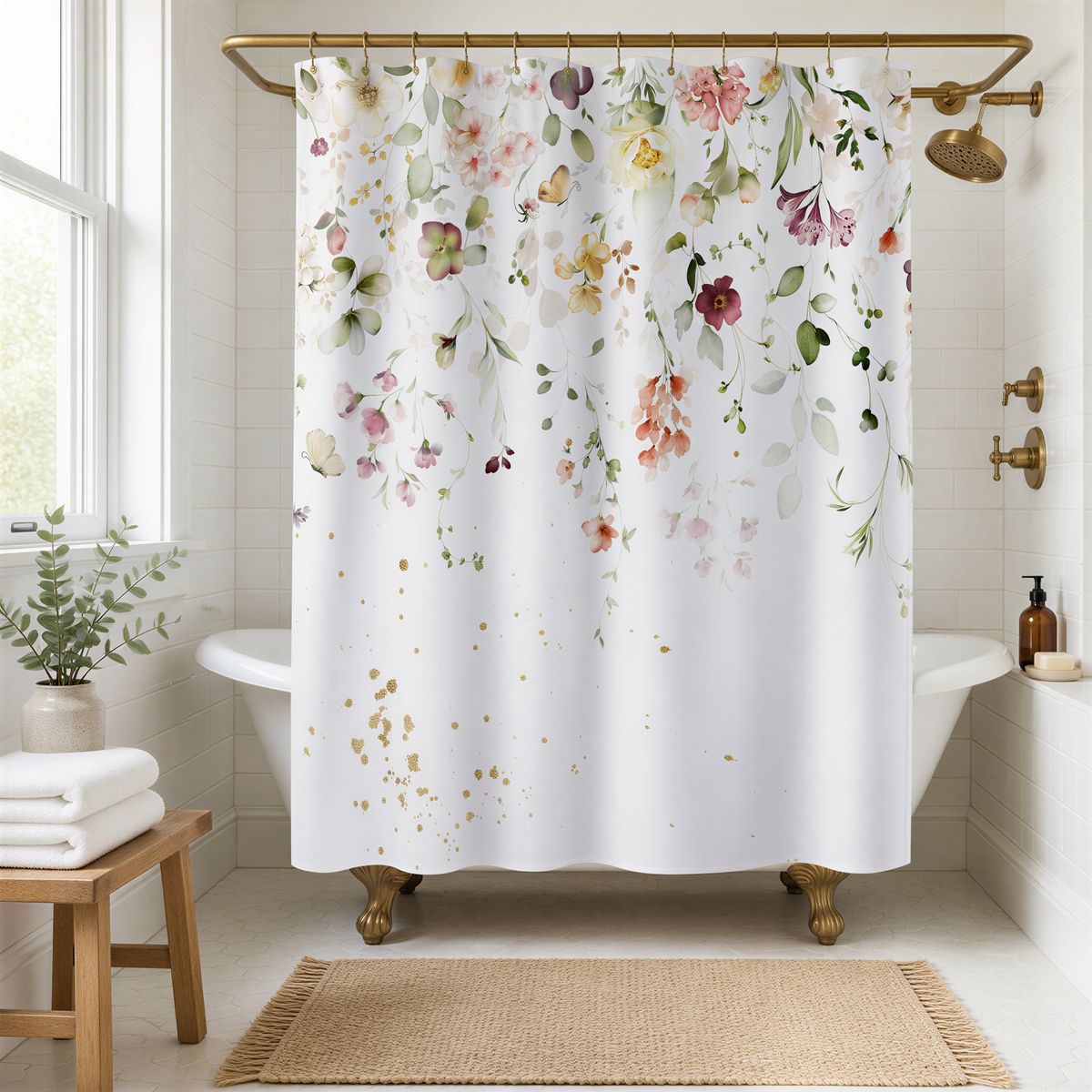a bathroom with a white bathtub, a shower curtain with a floral print, a wooden stool, and a rug on the floor.