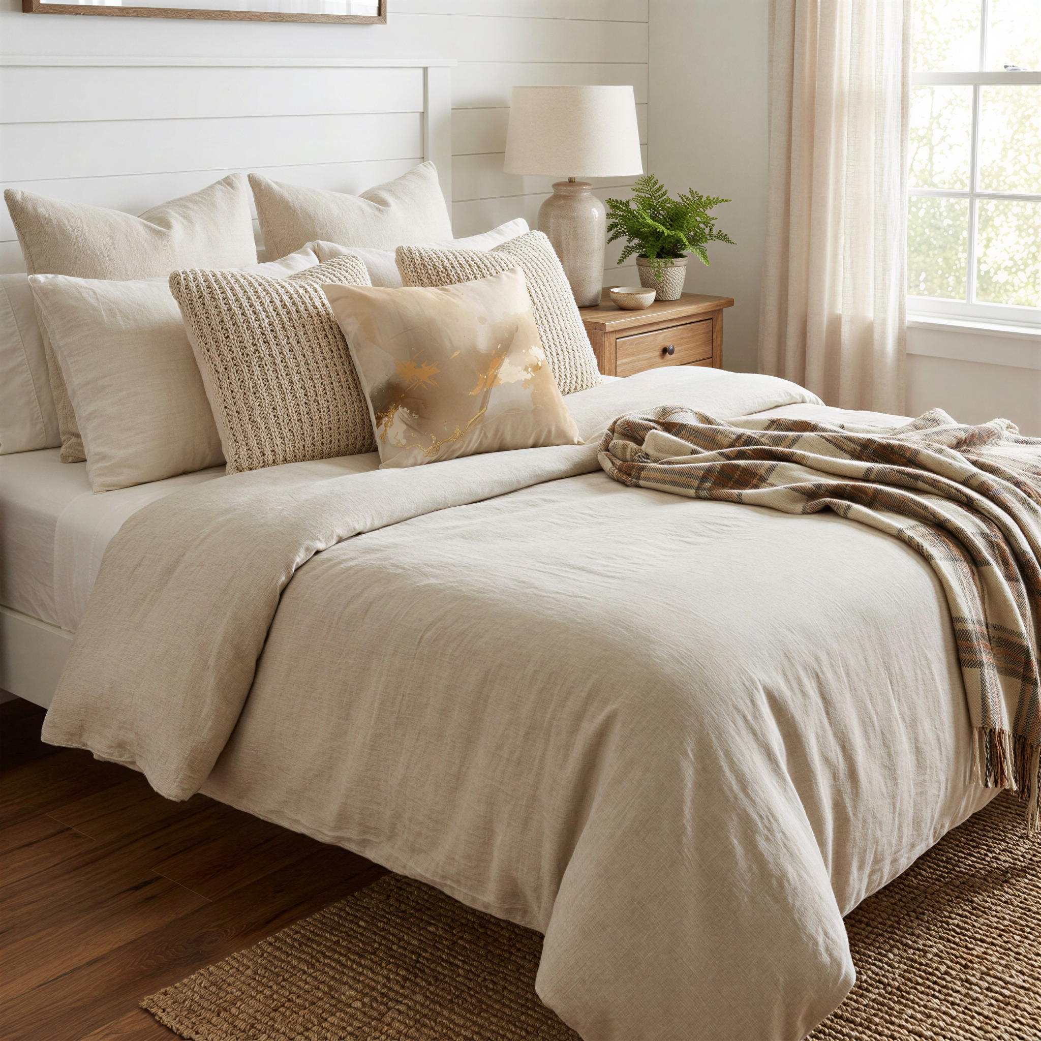 a cozy and inviting bedroom with a large bed adorned with a beige comforter and a throw blanket. The bed is surrounded by a wooden headboard and footboard, creating a warm and rustic atmosphere. The room also includes a nightstand with a lamp and a plant, adding to the overall ambiance.