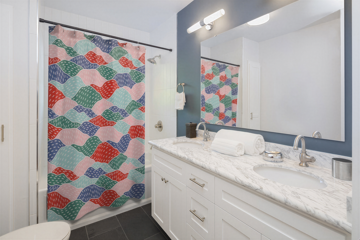 Abstract Shower Curtain Red Green Blue Hills close-up of fabric pattern