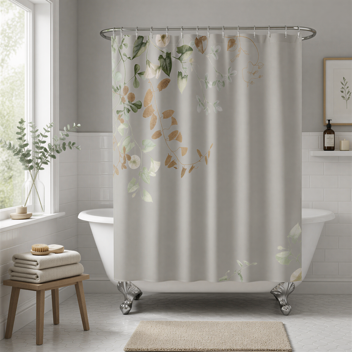 a bathroom with a white bathtub, a shower curtain with a floral pattern, and a wooden stool. The bathroom has white tiles and a window with greenery outside.