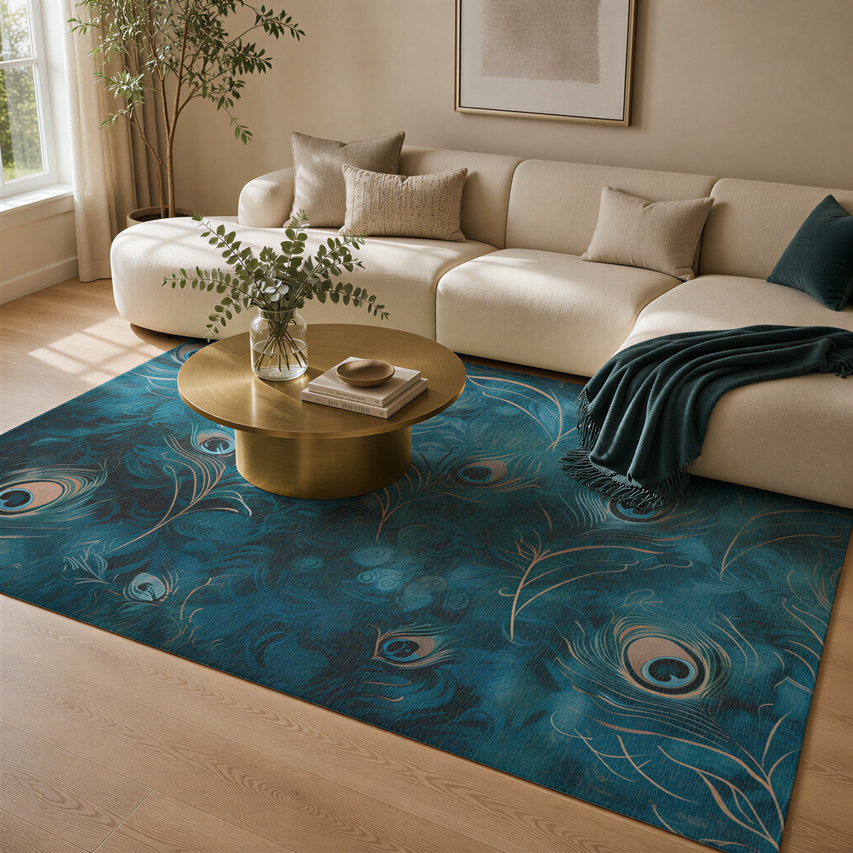 a living room with a large white sofa, a round coffee table with a vase of greenery, and a blue and gold patterned area rug.