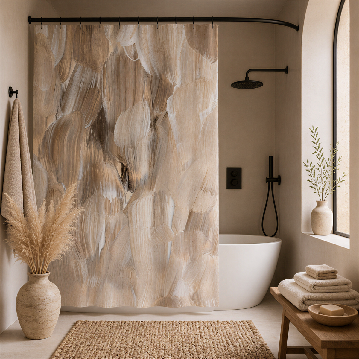 a modern bathroom with a large shower curtain featuring a feather-like pattern in shades of beige and white. The bathroom is well-lit, with a wooden bench and a small plant adding a touch of greenery. The overall design and color scheme create a serene and tranquil atmosphere.