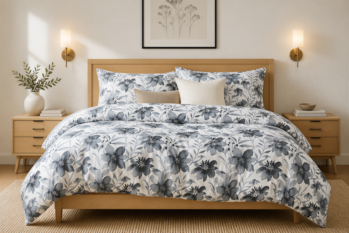 a serene and cozy bedroom with a large bed adorned with a floral comforter and pillows. The bed is flanked by two nightstands, each with a lamp and a vase of greenery. Above the bed, there is a framed picture hanging on the wall. The room has a warm and inviting atmosphere, with the wooden furniture and the floral pattern on the bedding.