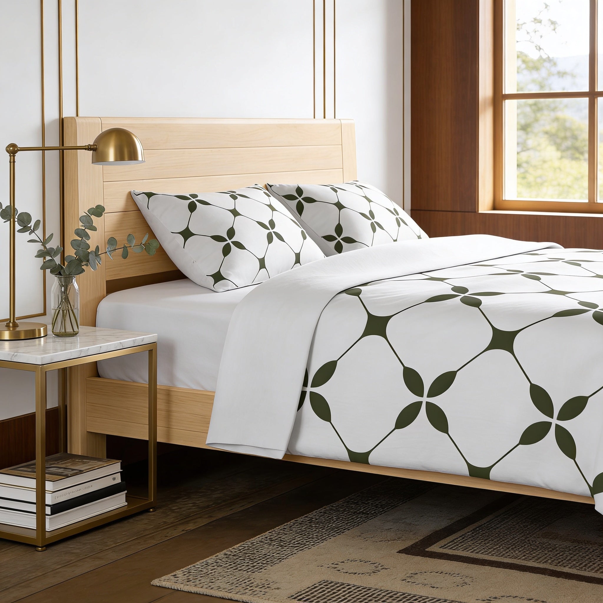 a modern bedroom with a wooden bed frame, a white and green patterned comforter, and a wooden nightstand with a lamp. The room has a minimalist and clean design, with a large window providing natural light.