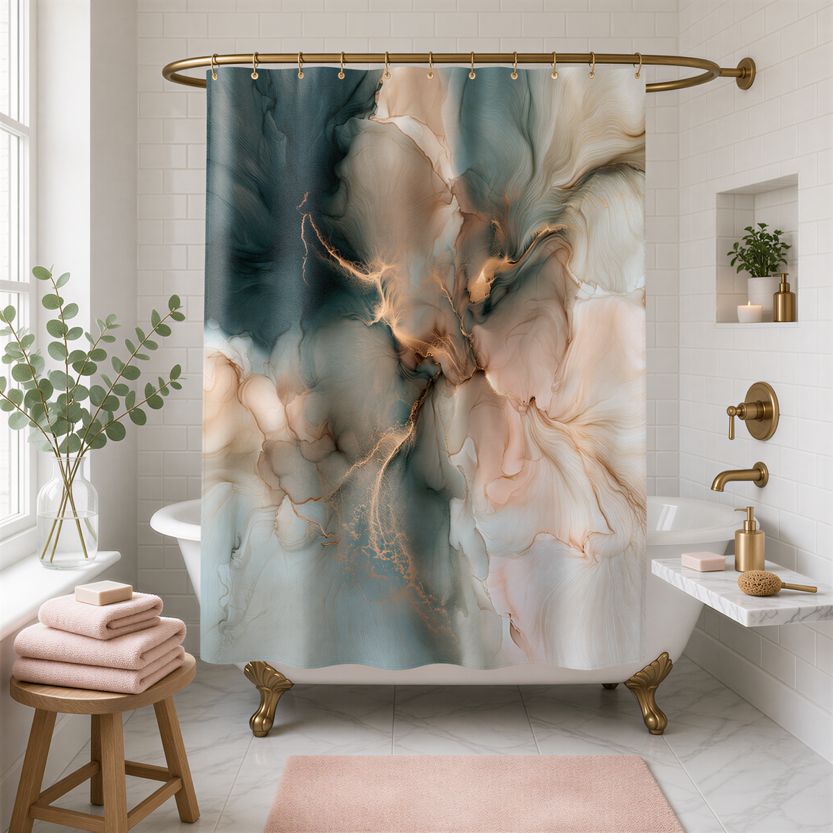 a bathroom with a white bathtub, a shower curtain featuring a marble-like abstract design in shades of blue, green, and gold, and a pink rug on the floor.