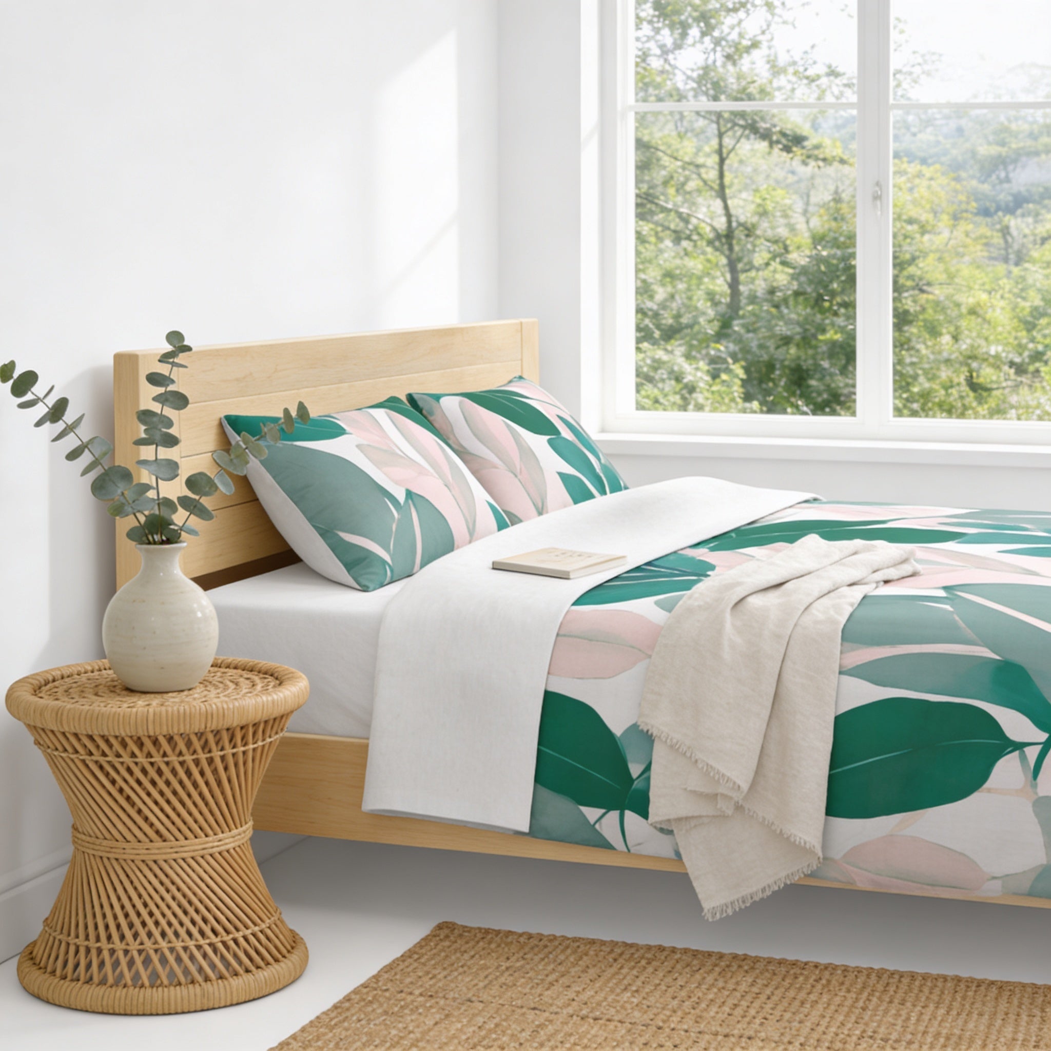 a cozy bedroom with a bed, a wicker side table, and a large window overlooking a lush green landscape.