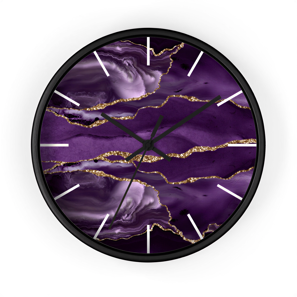 Marble Print Wood Wall Clock Purple Gold side profile view