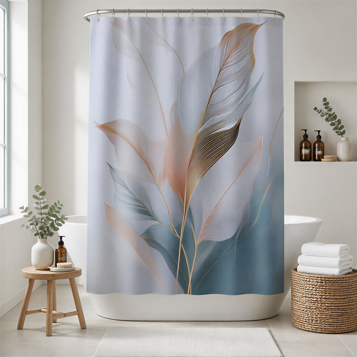 a bathroom with a shower curtain featuring a large leaf design in shades of blue, green, and orange. The shower curtain is hanging on a rod, and there are some bottles and a basket placed nearby. The bathroom also includes a small table with a plant and a woven basket.