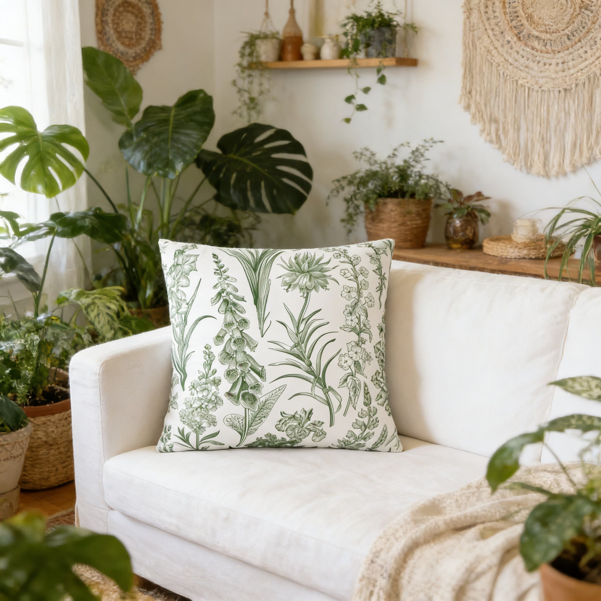 a cozy living room with a white sofa adorned with a green and white floral throw pillow. The room is filled with various potted plants, creating a lush and vibrant atmosphere.