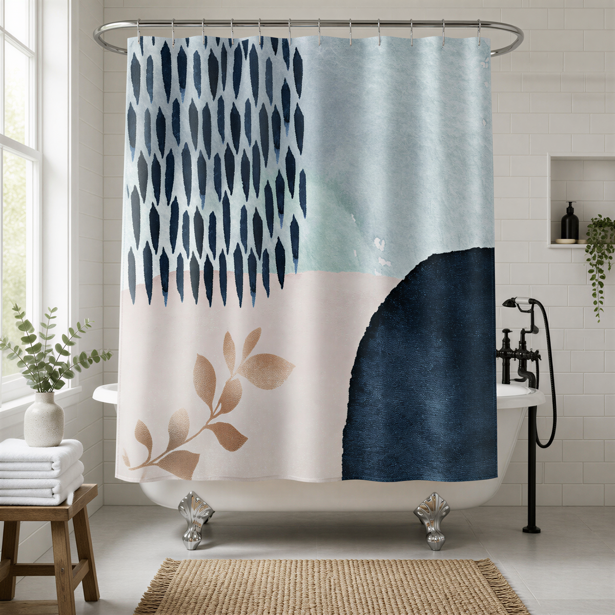 a bathroom with a white bathtub, a shower curtain with a blue and white abstract design, and a wooden stool.