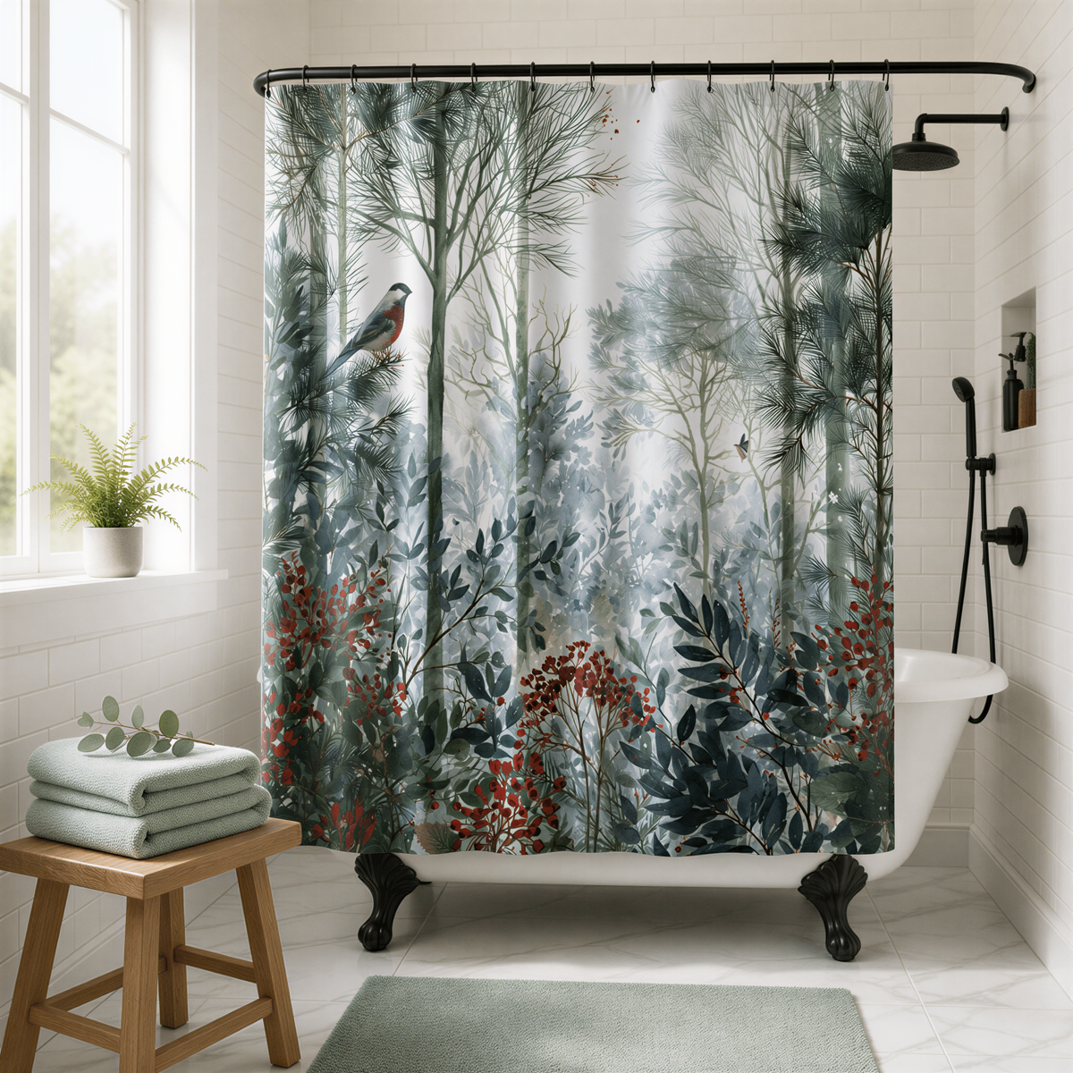 a bathroom with a large shower curtain depicting a forest scene, including trees, bushes, and red berries. The shower curtain is hanging from a rod above a white bathtub. There is a wooden stool in the foreground, and a potted plant is visible on the windowsill.