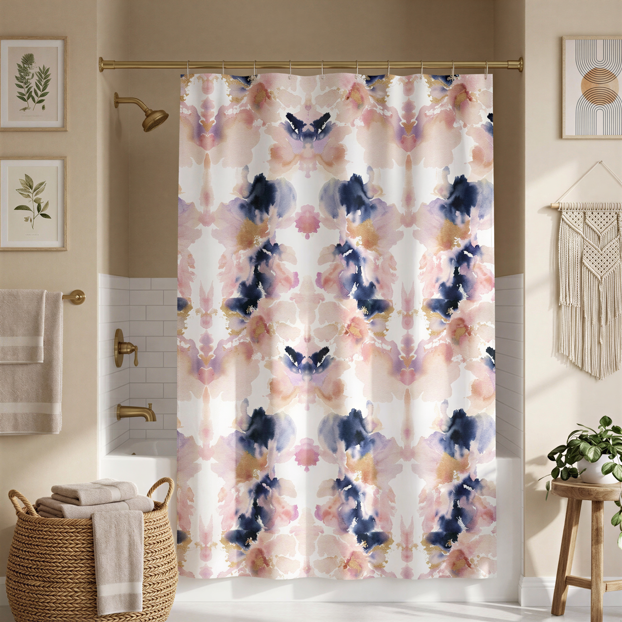 a bathroom with a shower curtain adorned with a vibrant, abstract floral pattern in shades of pink, blue, and orange. The shower curtain is hanging from a rod, and there is a basket placed nearby. The bathroom also includes a wooden stool and a potted plant, adding to the overall aesthetic of the space.