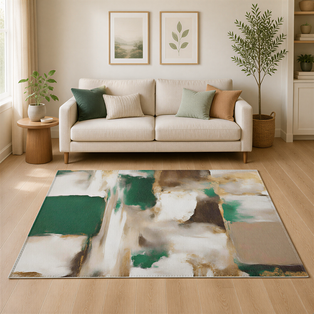a cozy living room with a beige sofa, a large abstract rug, and two framed pictures on the wall. The room also includes a potted plant and a wooden side table.