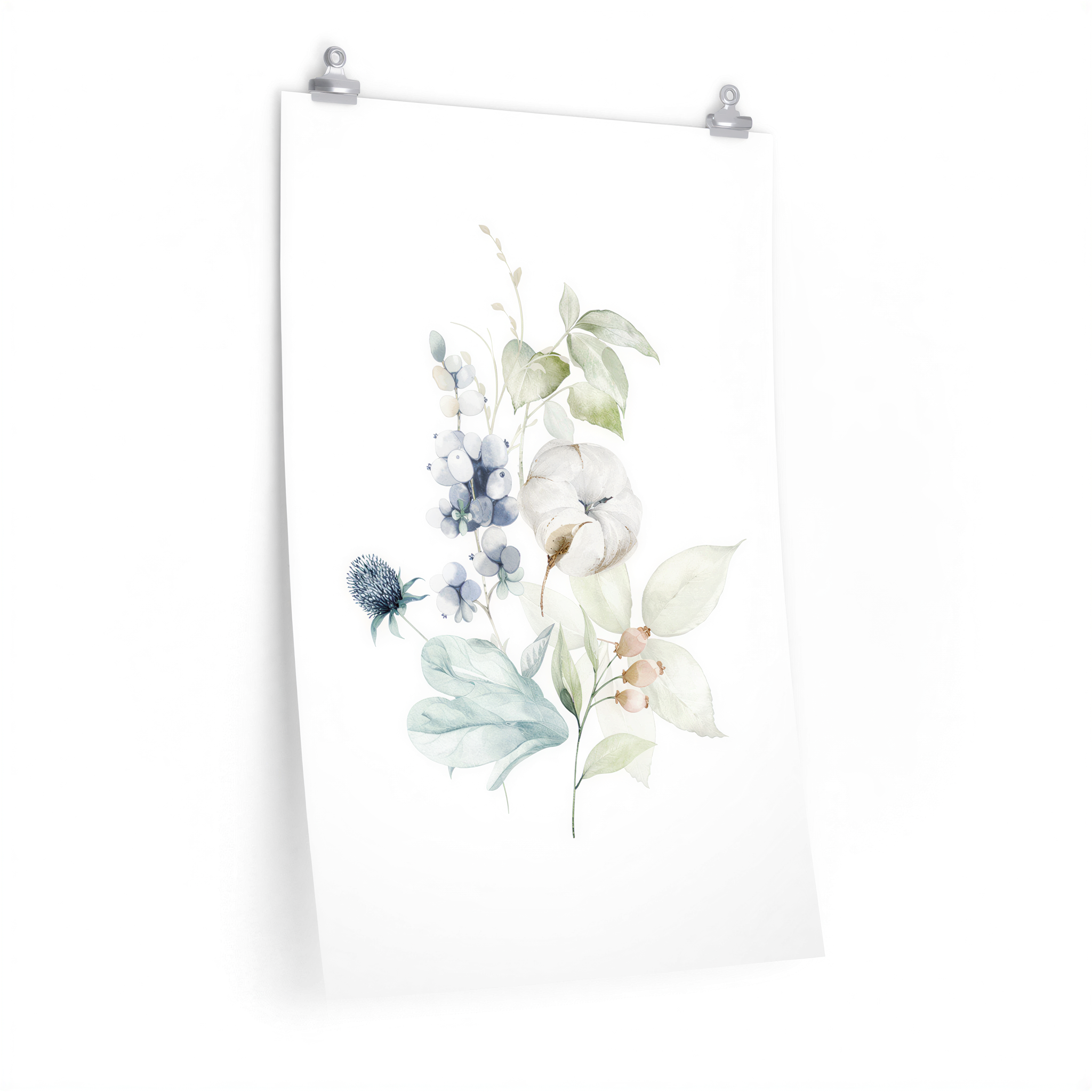 Eucalyptus Floral Art Print Green Blue White hanging above a sofa