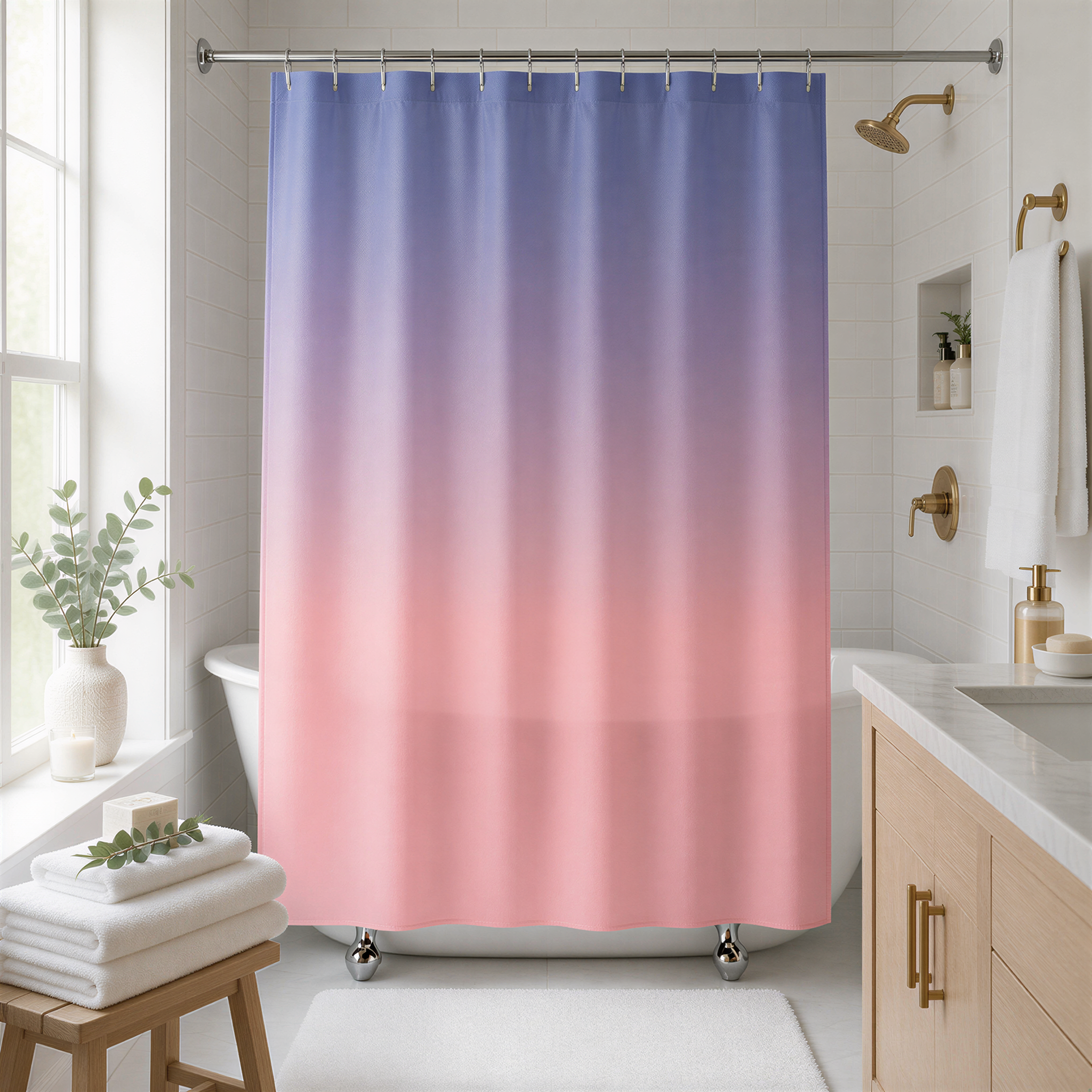 A bathroom with a white bathtub, a shower curtain with a gradient of pink and purple colors, and a wooden stool.