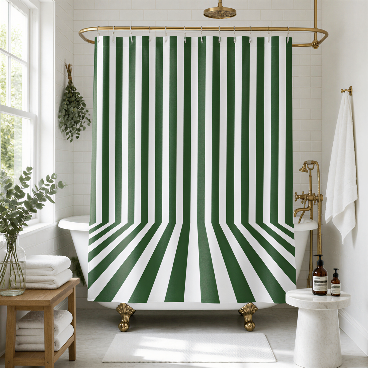 a bathroom with a white clawfoot bathtub, a green and white striped shower curtain, a white sink, and a wooden side table.