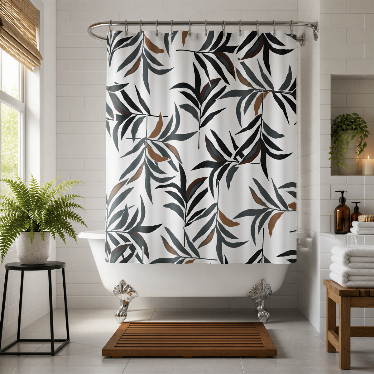 a modern bathroom with a white clawfoot bathtub, a shower curtain with a leaf pattern, and a wooden bench. The bathroom has white tiles and a potted plant, creating a serene and natural atmosphere.