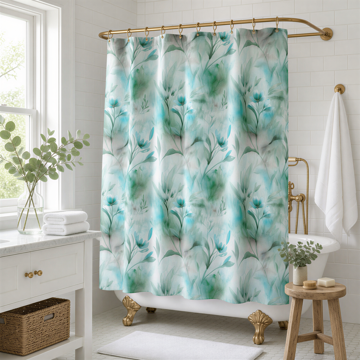 a bathroom with a white bathtub, a shower curtain with a floral pattern, a wooden stool, and a basket.