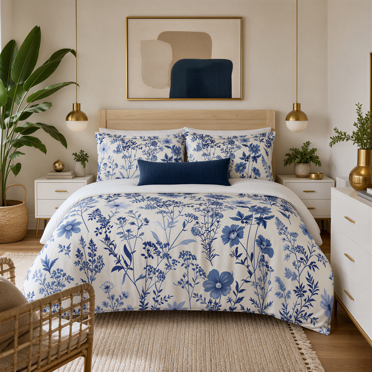 a well-decorated bedroom with a large bed featuring a blue and white floral comforter and matching pillows. The bed is flanked by white nightstands, and the room is adorned with various decorative elements such as potted plants, vases, and a large abstract painting on the wall.