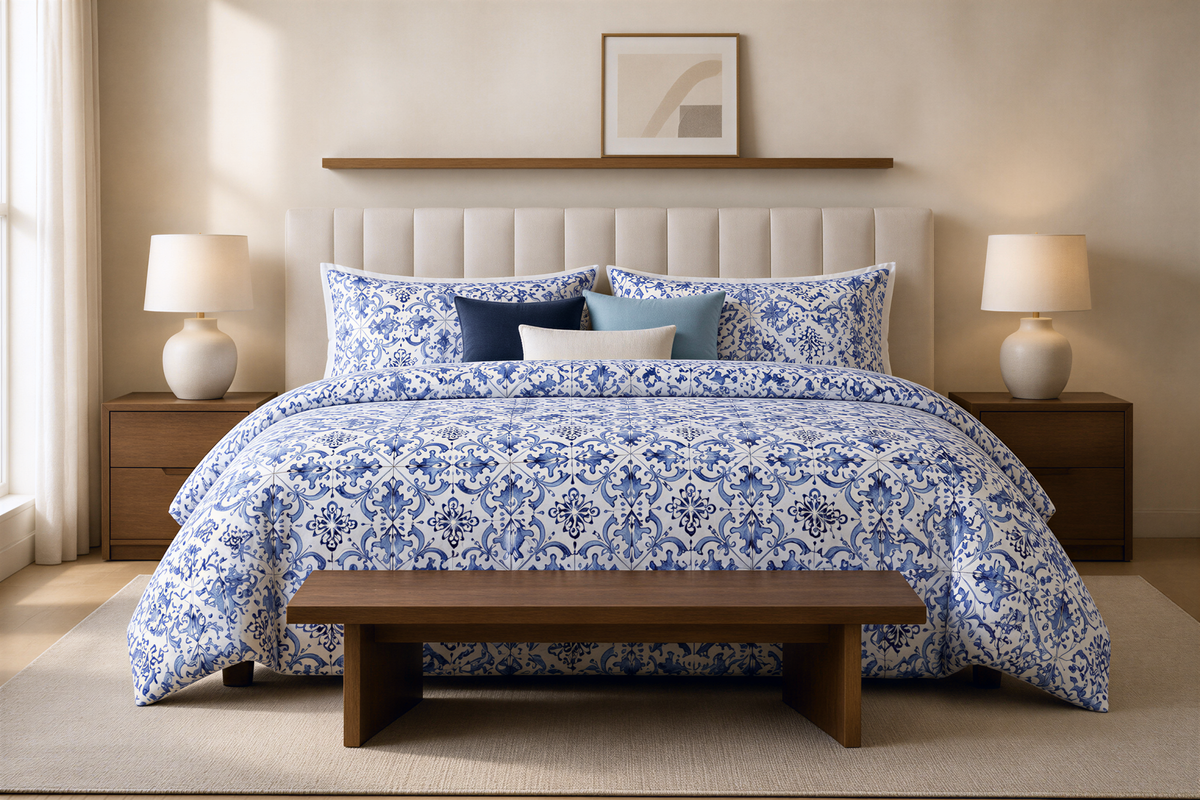 a well-furnished bedroom with a large bed, a wooden bench, and two lamps on nightstands. The bed is covered in a blue and white patterned comforter and pillows, creating a cozy and inviting atmosphere.
