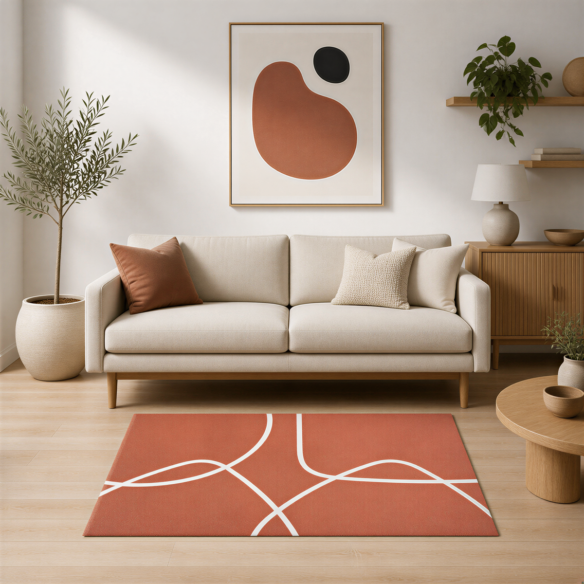 a modern living room with a beige sofa, a wooden coffee table, and a large abstract painting on the wall.