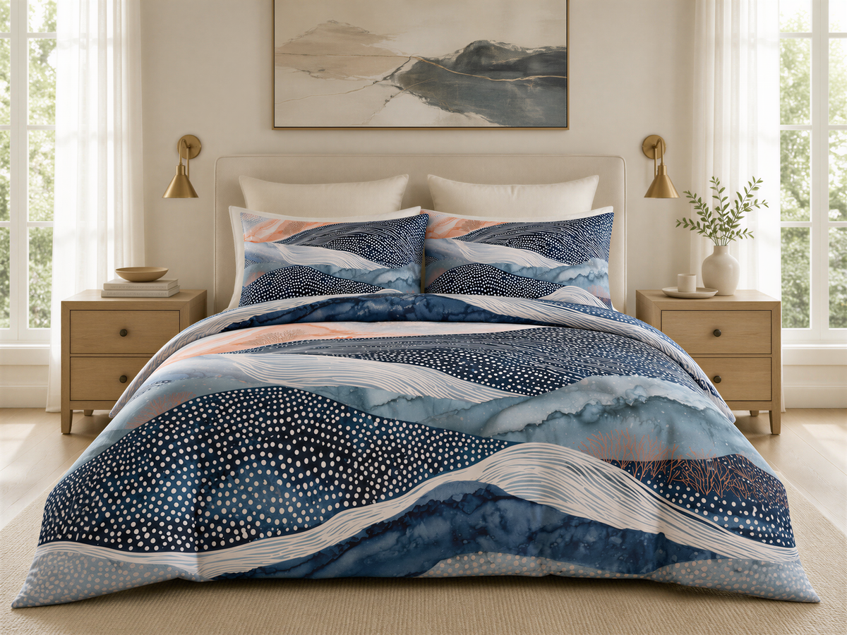 a bedroom with a large bed covered in a blue and white patterned comforter. The bed is flanked by two nightstands, each with a lamp and a vase of flowers. The room has a window and a painting on the wall.
