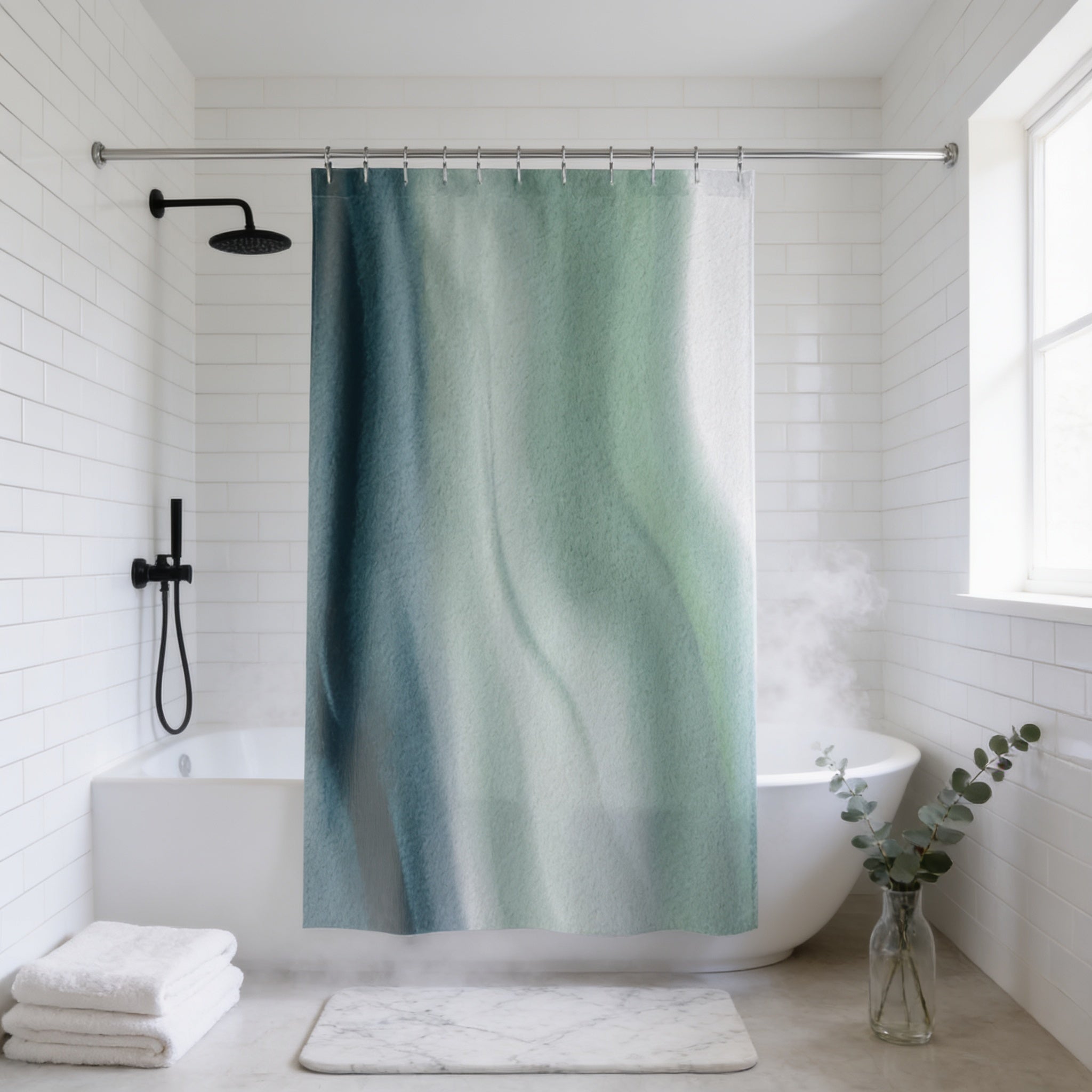 a modern bathroom with a white bathtub, a shower curtain featuring a gradient of blue and green colors, and a vase of greenery on the floor.