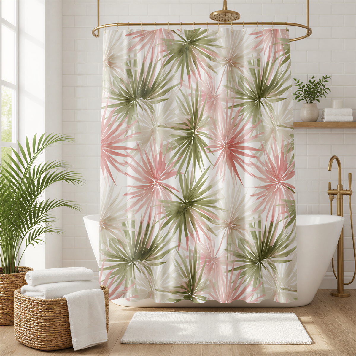 a bathroom with a shower curtain featuring a tropical plant pattern in shades of pink and green. The bathroom has a white bathtub, a shelf with plants, and a basket with towels.