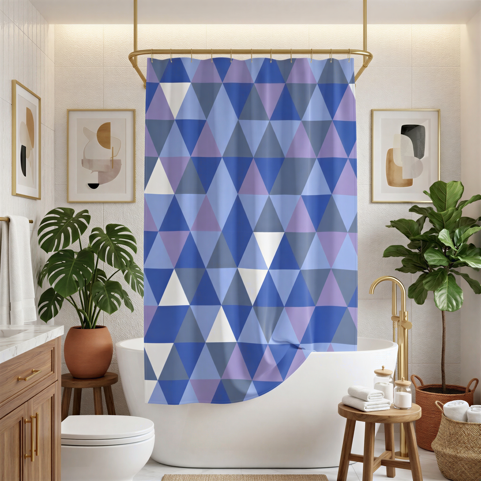 a modern bathroom with a white bathtub, a potted plant, and a geometric patterned shower curtain.