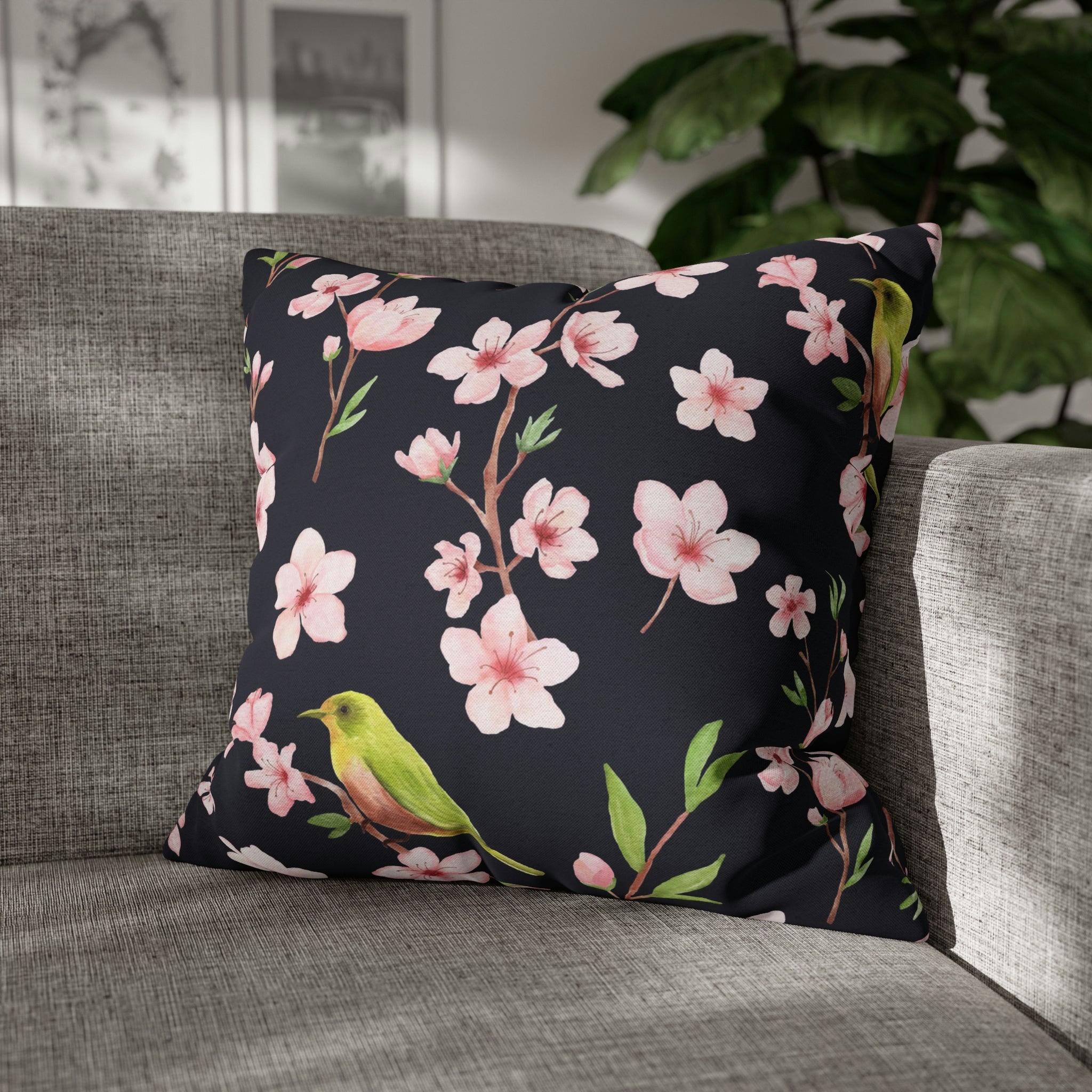 Floral Boho Pillow Cover | Pink Sakura, Green Bird, Black